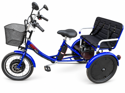 תלת אופן חשמלי משפחתי Fisher Family Blue 2026 עם ספסל — צילום סטודיו ערוך תלת אופן חשמלי משפחתי Fisher Family Blue 2026 עם ספסל